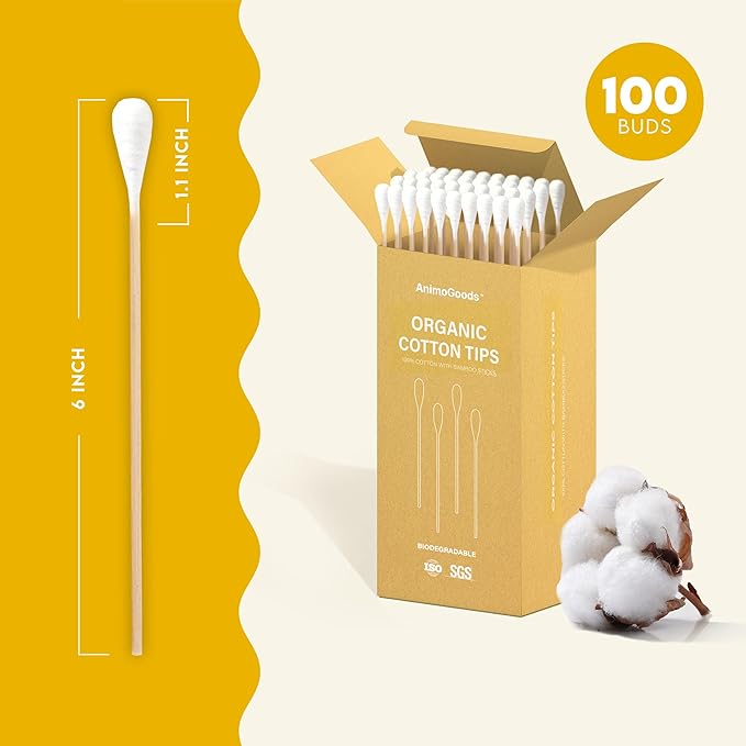6-Inch Long Cotton Tips for Cleaning Dogs' Ears | Extra-Long Cotton Swabs for Dog Ear Cleaning | Eco-Friendly Dog Ear Swabs & Pads | Organic Bamboo & Cotton | 100-Pack
