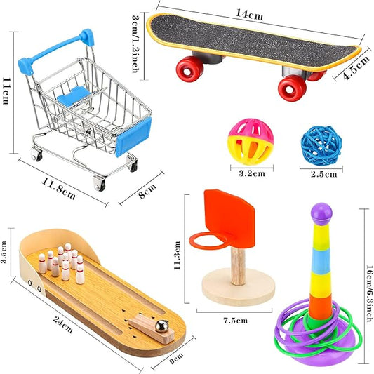 Skylety 10 Pcs Bird Training Toys Parrot Intelligence Accessories Include Bowling Basketball Toy Rings Shopping Cart Skateboard Bell Ball for Parakeet Cockatiel Macaw Parrot, Random Color