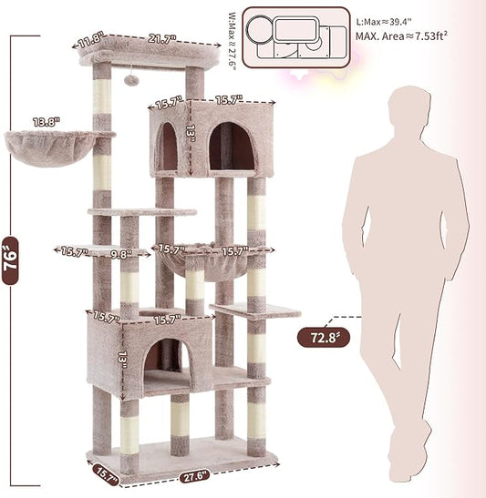 Heybly Cat Tree, 76-Inch Tall Heavy Duty Cat Tower for Big Cats with Extra Wide Baseboard, Multi-Level Large Cat Furniture with 2 Condos & 2 Hammocks, 10 Scratching Posts, Muchroom HCT039MU
