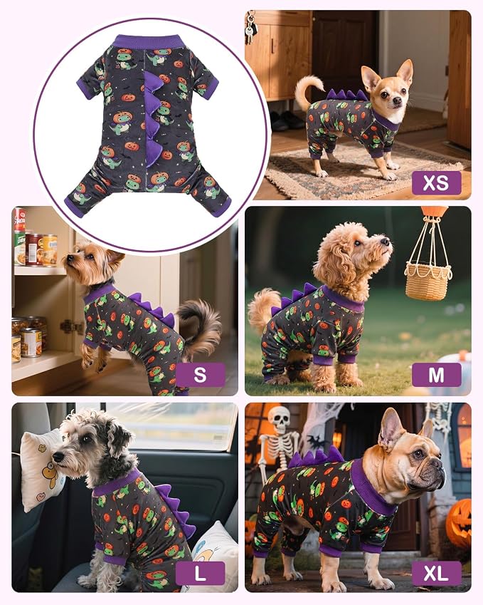 CuteBone Dinosaur Costume Halloween Dog Pajamas, Stretchy Spandex Crystal Velvet Sleepwear Coat for Small Dogs, Soft & Warm Pet Outfit Clothes for Cold Weather, Cozy Pullover Design COSP24S