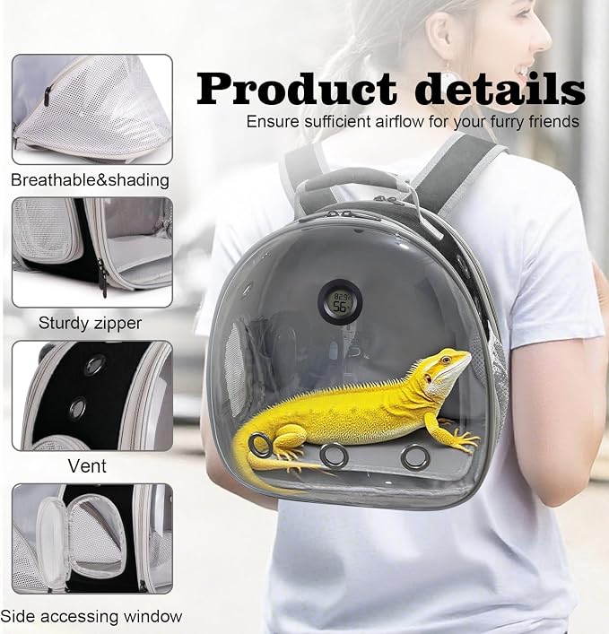 Bearded Dragon Travel Backpack Carrier with Reptile Thermometer and Humidity Gauge Lizard Travel Cage Space Capsule Clear Bubble Window Astronaut Reptile Bag for Ball Python (Black, BE Backpack)