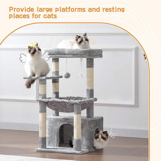 Heybly Cat Tree, Kitten Tower with Large Soft Cat Basket,Cat Condo with Spacious Cat Bed Cave with Hidden Space,Sisal-Covered Scratching Posts,Dangling Ball for Indoor Cats, Light Gray HCT008SW