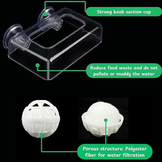 Acrylic Fish Feeding Box Ring for Turtle with Filter Ball Set, Fish Feeder Ring and Nitrifying Ball, Betta Feeding Floating, Turtle Enrichment Toys, Floating Betta Food Holder (Clear, L)