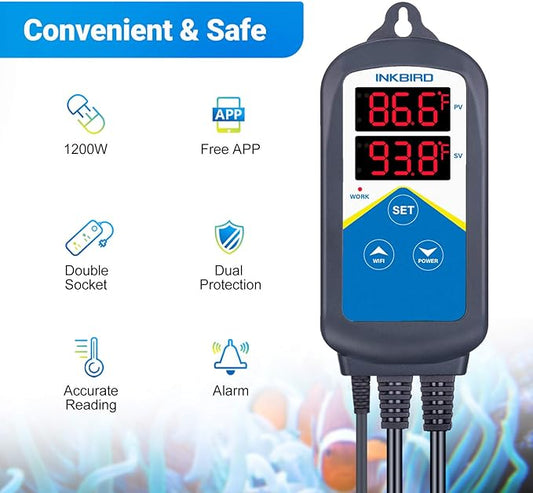 Inkbird ITC-306A WiFi Temperature Controller, Wi-Fi Aquarium Thermostat Heater Controller 120V~1200W Temperature Control with Two Probes only for Heater Aquarium Breeding Reptiles Hatching.