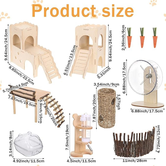 Foxtell 11 Pcs Hamster Cage Accessories, Hamster Toys Set, Hamster Hideout, Hamster Wheel for Rat Mice Small Animals Habitat (Fun Interactive Style)
