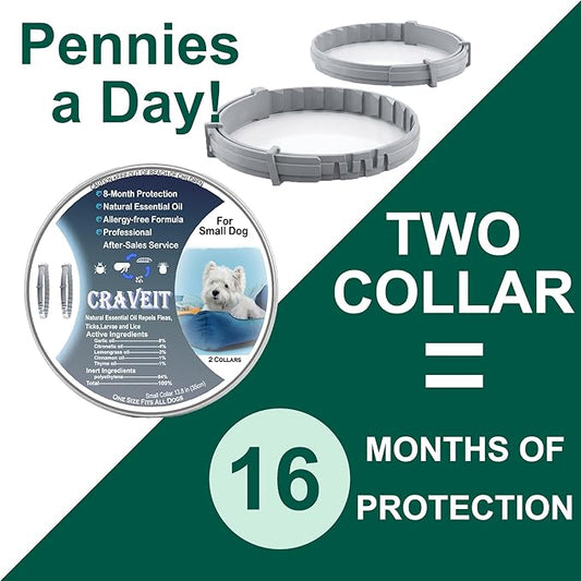 Craveit Dog Flea Collar, 2 Pack Flea Collar for Dogs Small, Gentle Plant-Based Tick Repellent for Small Dog, Waterproof & Adjustable, 8-Month Long-Lasting Defense