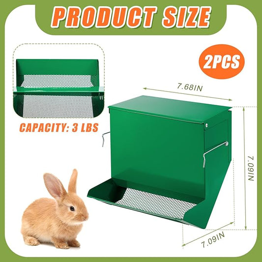 Maxcheck 2 Pcs Rabbit Feeder for Cages Small Animal Food Pellet Dispenser with Lid Metal Chicken Grit Oyster Shell Squirrel Feeders Outside(7.7 Inches,Mesh Bottom,Green)