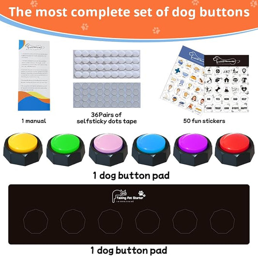 BOSKEY 6 Dog Buttons for Communication Pet Talking Buttons Starter Set Dog Speaking Buttons 50 Stickers Recordable Button One Waterproof mat