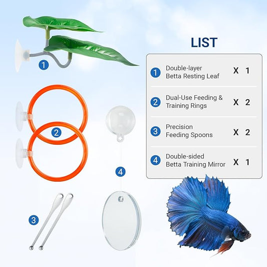 Betta Fish Toy Set: Betta Training Floating Mirror, Training/Feeding Ring, Spoon, and Resting Leaf. Promotes Exercise. Betta Toys, Resting & Feeding Kit, Orange