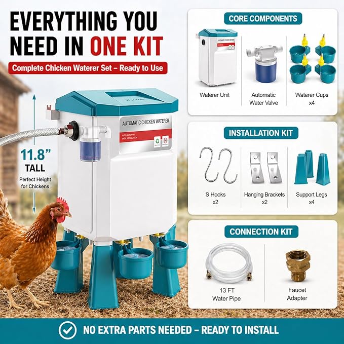 Automatic Chicken Waterer 2 Gallons, Chicken Water Feeder with Float Valve & 4 Water Cups, 13FT Hose Poultry Waterer System, Chicken Coop Water Dispenser for Chickens Ducks Quail Turkey (Blue, 2 GAL)