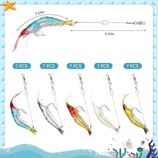 Honoson 35 Pcs Saltwater Fishing Lures Shrimp Baits Set Luminous Shrimp Bait with Beads and Hooks Fishing Lure with Hooks for Freshwater Saltwater Trout Bass Salmon