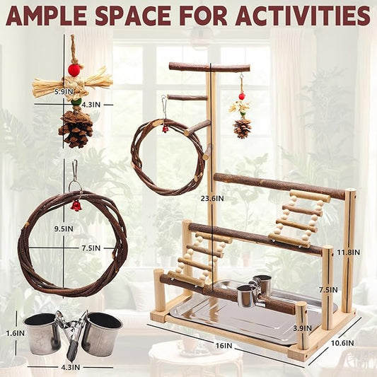 Bird Playground, Natural Wooden Parrot Stand Suitable for Small and Medium Birds, with Feeding Cups, Swing, Chew Toys,Bird Perch Ideal for Parakeets, Budgerigars,Canaries,Conures