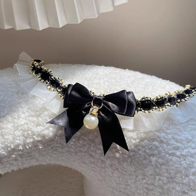 Elegant Lace Cat Collar with Cute Bow,Kitty Necklace with Bow Tie and Pearl,Pet Lace Bib Collar with Cute Bow,Cat Princess Costumes,Black,1 Piece