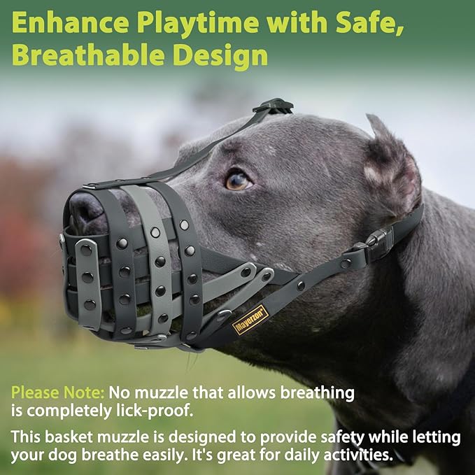 Mayerzon Pitbull Muzzle, Lightweight Basket Muzzle for Large Medium Dogs Rottweiler Amstaff to Prevent Biting Eating, Safe for Grooming Vet Visits Training, Allows to Pant Drink, Adjustable & Sturdy