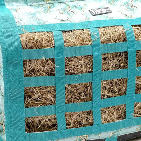 Jeffers Expression Extend Feed Hay Bag - Natural Slow Feed Hay Feeder, Durable 600D Material, Mesh Bottom & Top Loading Design, Holds Up to 2 Flakes for Horses, Goats & Livestock - Bisbee Blue