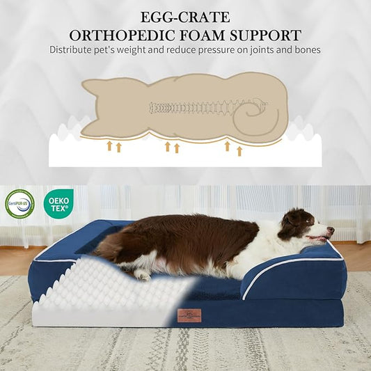 Comfort Expression Orthopedic Dog Bed for Large Dogs 36x27 Inch, Waterproof Supportive Egg Crate Foam Large Pet Bed with Removable Bolsters, Dog Couch with Washable Cover & Non-Slip Bottom, Navy Blue