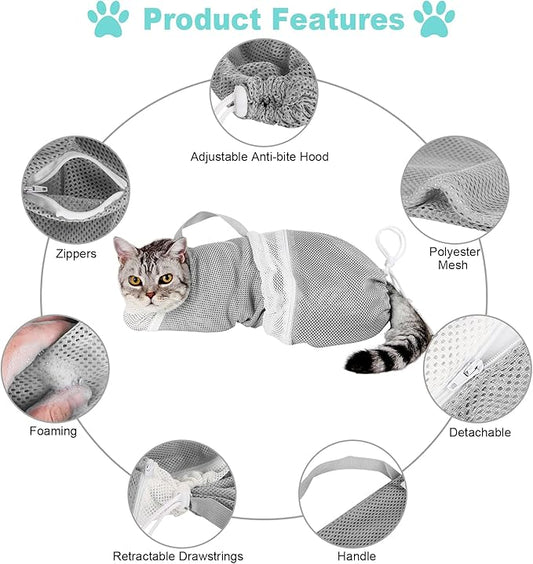 Cat Bathing Bag Adjustable Cat Grooming Net Bag Anti-bite & Anti-Scratch Cat Bath Washing Restraint Bag, Breathable Mesh Cat Grooming Bag for Shower, Nail Trimming, Injection