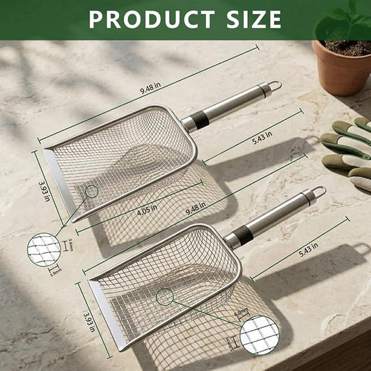 2 Pack Soil Sifter for Gardening, Stainless Steel Handle | Rust-proof garden tool for landscaping, soil prep. 3.8mm/5mm mesh for compost, sand, dirt, rock. Two sifters, no swapping