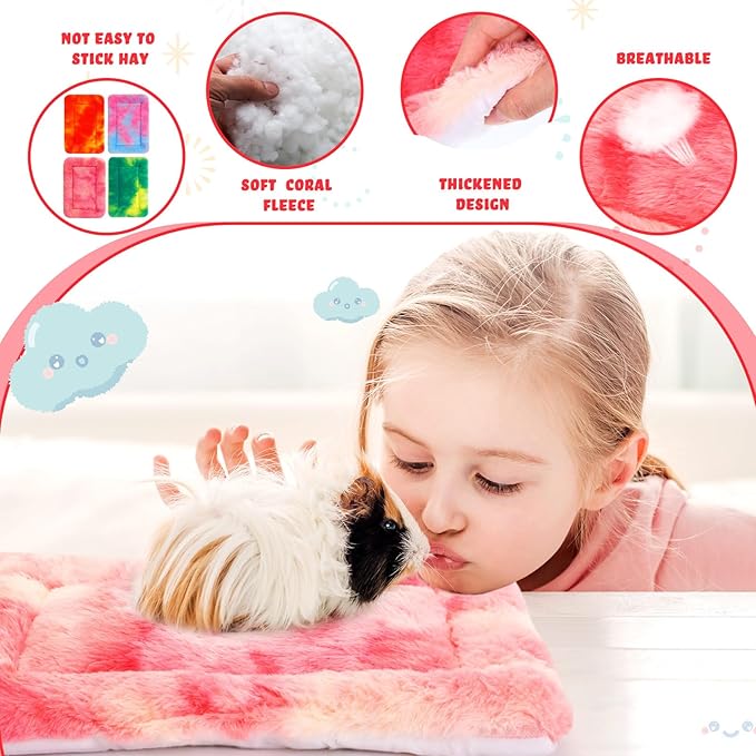 Tudomro 4 Pcs Guinea Pig Bed Mats with Cleaning Dustpan Brush 15"x11" Bunny Fleece Bedding Pads Tie Dyed Small Animal Sleeping Accessories for Rabbit Hamster Squirrel Hedgehog Chinchilla Ferret