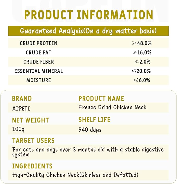 100g (3.53oz) Freeze Dried Chicken Necks for Dogs & Cats - Single Ingredient Raw Treats, High Protein Natural Chews for Bone & Dental Health, Grain-Free Training Snacks
