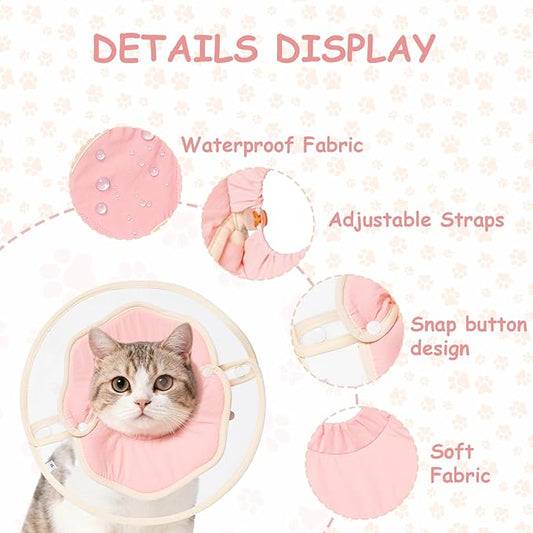 Soft Adjustable Cat Recovery Collar, Lightweight Waterproof Elizabethan Cone for Cats – Comfortable Protective Collar to Prevent Licking After Surgery, Grooming & Skin Care (Pink, M)