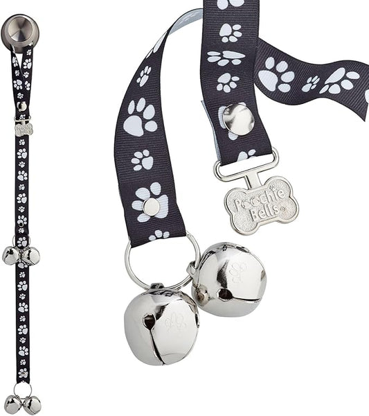PoochieBells Dog Doorbell, Dog Potty Training Bells, Dog Safe USA-Made w/Perfect Sound,Dog Trainer Approved, Housetraining Made Easy & Quick, Sig Tracks Black