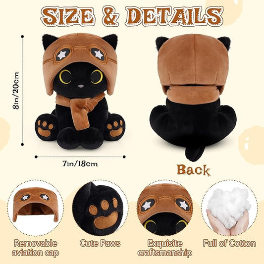 Cat Plush Toy - Black Cat with Removable Aviator Hat, 8" Cute Stuffed Animal for Kids & Adults, Soft Aviator Kitten Toy Birthday Gift for Boys,Girls, Little Pilots Party Favors