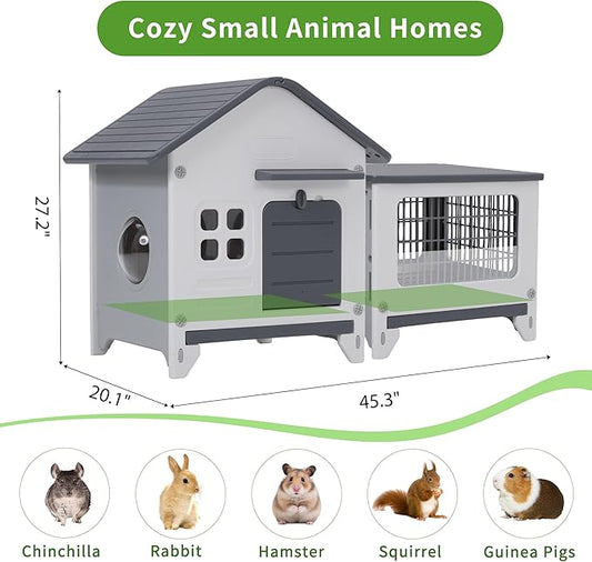 Rockever Plastic Rabbit Cage Outdoor Indoor, Waterproof Rabbit Hutch-Leak-Proof Pull-Out Tray&Chew-Proof, Bunny Cage Guinea Pig Cages with Run, Easy-Clean & Ideal for Small Animal(Grey)