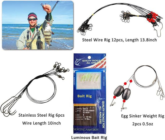 150pcs Saltwater Fishing Gear Surf Fishing Tackle Kit, Various Accessories Include Leaders, Bait Rigs, Spoons, Minnow Lures, Hooks, Swivels Snaps, Jigs, Sinker Weights