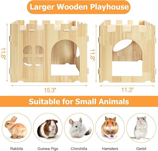 WUWEOT Large Wooden Rabbit House, 15.3''x11.3''x11.8'' Wood Bunny Hideout Castle, Small Animal Play Hideaway Hut and Playhouse for Indoor Adult Bunnies Guinea Pig Hamster Chinchilla Gerbil