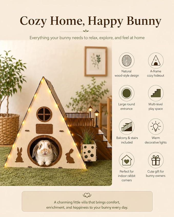 Tnstbiee Large Modern Wooden Rabbit Castle House Hutch - Bunny Hideout Indoor Habitats - Pet 2-Story Home Furniture(Excluding Street Lights)