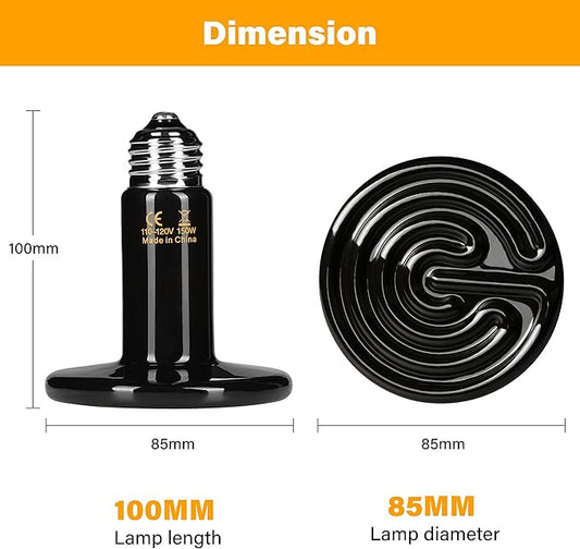 HealSmart Reptile Heat Lamp Bulb Ceramic Heat Emitter 150W No Light Emitting Brooder Coop Heater for Amphibian Pet & Incubating Chicken, Black
