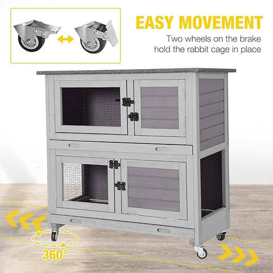 Aivituvin Rabbit Hutch Indoor Bunny Cage Outdoor 2 Story Pet House Guinea Pig Cage on Wheels 36" L