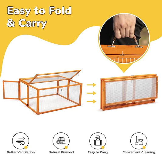 COZIWOW Chicken Coop Pen Portable Wooden Rabbit Hutch - Folding Indoor & Outdoor Chicken Cage Brooder with UV-Proof Panel, Top and Side Openable Doors, Includes 4X Garden Stakes, 43.3 Inch (Orange)
