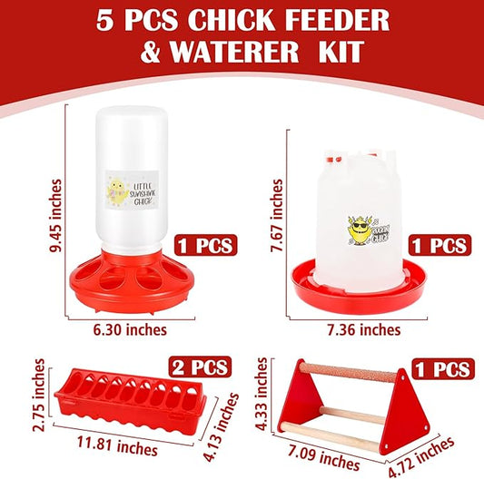 Chicken Feeder and Waterer Set with Chick Perch, Cool Baby Chick Feeder and Waterer Set, Chick Waterer, Baby Chicken Supplies for Small Poultry Chicks Ducks Quail Pigeons Birds(RED)