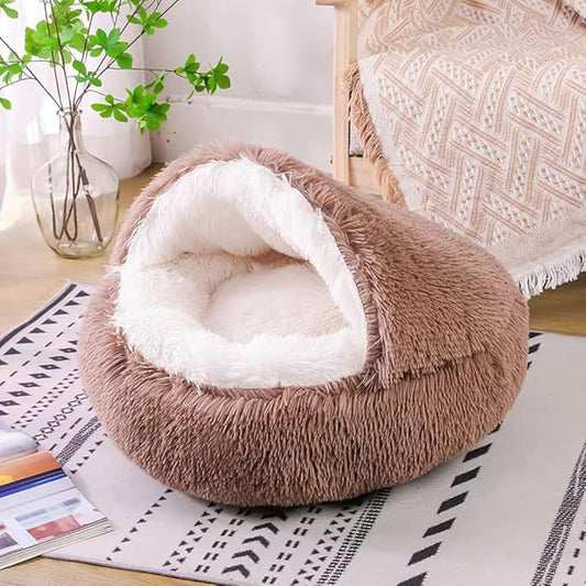 Cat Bed Round Fluffy Hooded Cat Bed Cave, Anti-Anxiety Cave Bed with Hooded Blanket, Cozy Cuddler Luxury Puppy Pet Bed, Anti-Slip Bottom and Machine Washable (Brown, Large)