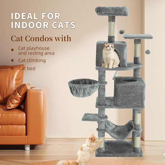 61 Inch Cat Tree with Platform & Hammock, Plush Perch Scratcher & Playhouse for Indoor Cats(Grey)