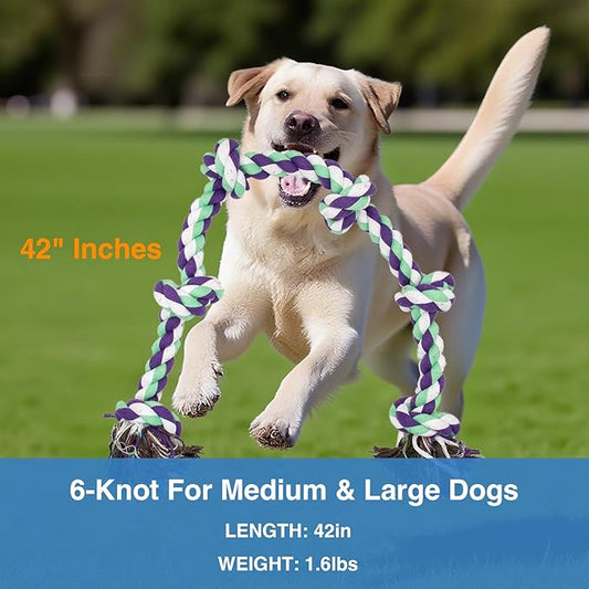 Dog Rope Toy for Large Dogs Aggressive Chewers – 42 Inch Long 6 Knot XL Tug of War Rope, Heavy Duty Indestructible Pull Toy for Big Giant Dogs and Medium Breeds, Strong/Tough/Durable Cotton