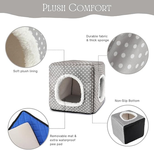 Guinea Pig Hideout with 2 Removable Mat, Two Entrances, Dwarf Rabbit Bed, Washable Bunny House, Small Pet Accessories Gray Dot