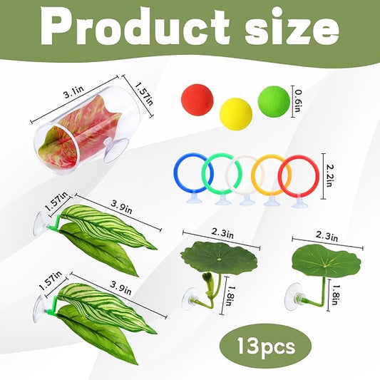 Betta Fish Toys, 13 Piece Betta Toys Set with Five Resting Leaves and Three Floating Balls, Colorful Hoops in Blue Green Yellow White Red, Enrichment Activities for Betta Fish