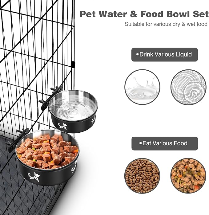 Dog Crate Water Bowl No Spill, 2 Pack Hanging Dogs Kennel Water Food Bowls, Stainless Steel Mountable Pet Bowl Metal Feeder Coop Cup Cage Accessories for Puppy Cat Rabbit Guinea Pigs Ferret Bird