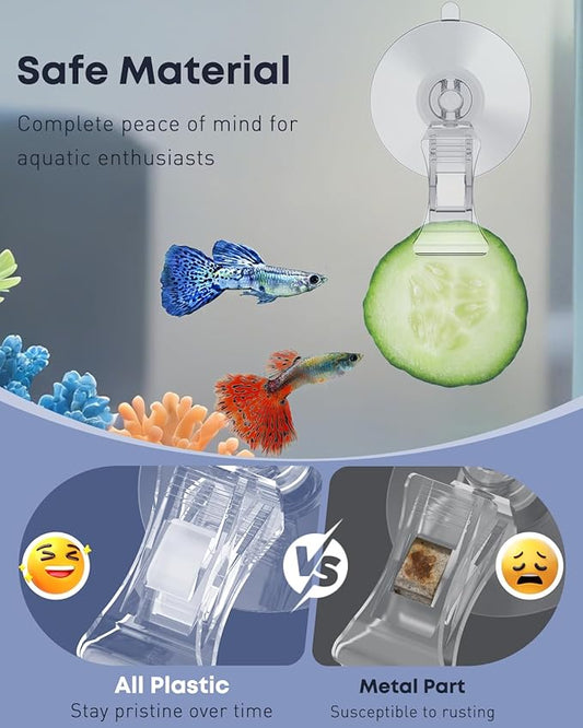 Pawfly 12 Pcs Aquarium Suction Cups with Clips, Plant Leaf Seaweed Clip, Fish Tank Accessories, Aquarium Suction Cup Clips, Clear Plastic Fish Feeding Tool, Underwater Fish Feeder, Veggie Feed Holder