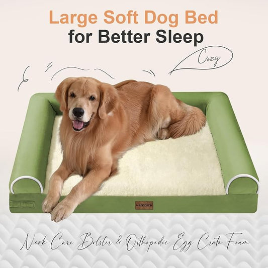 NANUYA Orthopedic Dog Bed for Large Dogs, 36 x 27 Inch, Grass Green | Egg crate foam for joint support, 3-sided bolster pet sofa, waterproof lining, washable cover, and non-skid base