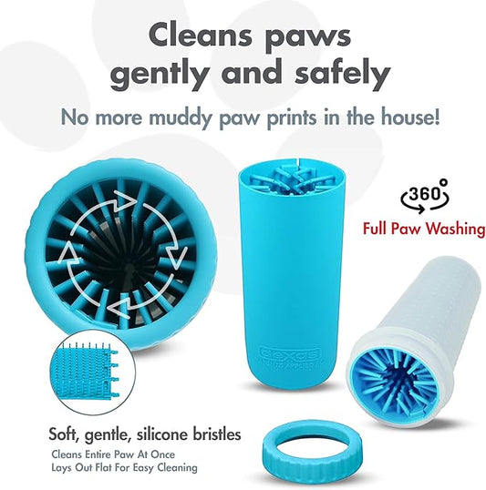 Dexas MudBuster Large Dog Paw Cleaner in Blue - Fits 2.5"-3.5" Wide Paws, Portable Paw Washer for Muddy Paws, Dog Paw Cleaning Cup with Gentle Silicone Bristles, Quick Clean Pet Paw Washer