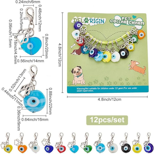12pcs Evil Eye Pet Collar Pendants for Cat Dog Heart Bead Jewelry Charms Lucky Dog Paw Pet Collar Pendants Clip-on Charms for Bag Decor Keychain Pet Necklace Training Home Decoration