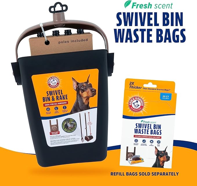 Arm & Hammer Dog Pooper Scooper Swivel Bin & Rake, Poop Scoop for Dogs, Black (2 Heavy Duty Scented Waste Bags Included)
