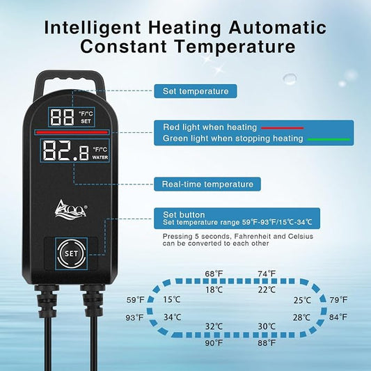 AQQA Aquarium Heater,300W 500W 800W 1000W 1200W Fish Tank Heater,59℉-93℉ Submersible Intelligence Aquarium Heater with Over-Temperature Dry Burning Protection (500W(for 60-120 Gallon))