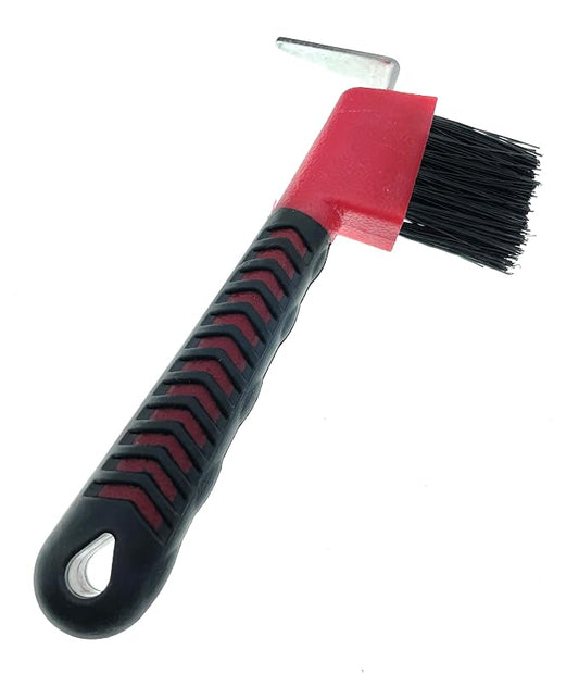 Horse Hoof Pick with Brush - Non-Slip Ergonomic Handle, Heavy-Duty Steel Pick & Stiff Bristles - Removes Dirt, Mud & Rocks - Horse Grooming Tool for Daily Hoof Care (Red)