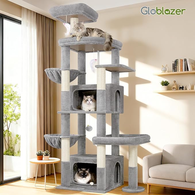 Globlazer 75in Sturdy Cat Tree for Large Cats, Heavy Duty Multi-Level Cat Tower for Indoor Cats with Extended Platform, 2 Spacious Condos, 2 Padded Perches, 6 Sisal Scratching Posts, S75, Light Grey