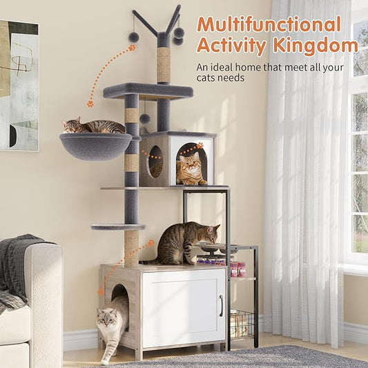 HavenlyYouth Cat Tree with Food Station and Litter Box Enclosure, Multi-Level Cat Tree Tower with Sisal Scratch Posts for Playtime, Plush Hammock in Gray for Cozy
